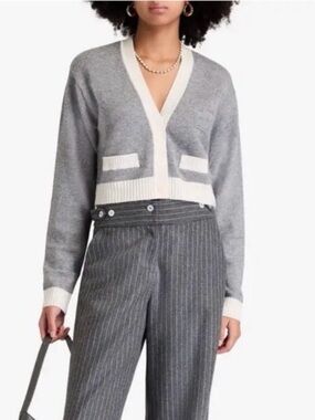 Sandro Gray and Cream V-Neck Cropped Cardigan